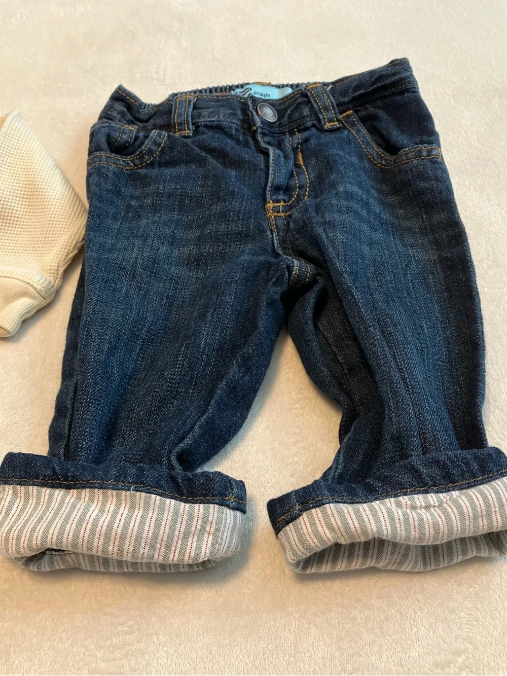 Cream Waffle Baby Bodysuit with Carrot Graphic and Cuffed Blue Jeans